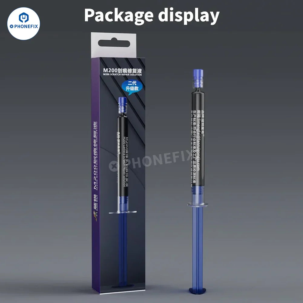 LANRUI M200 Camera Scratch Repair Liquid for mobile phones and iPads, shown in a small container with solder paste consistency.