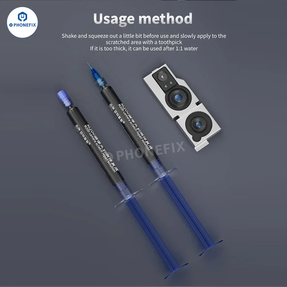 LANRUI M200 camera scratch repair liquid for mobile phones and iPads, shown in a small bottle with applicator tip.
