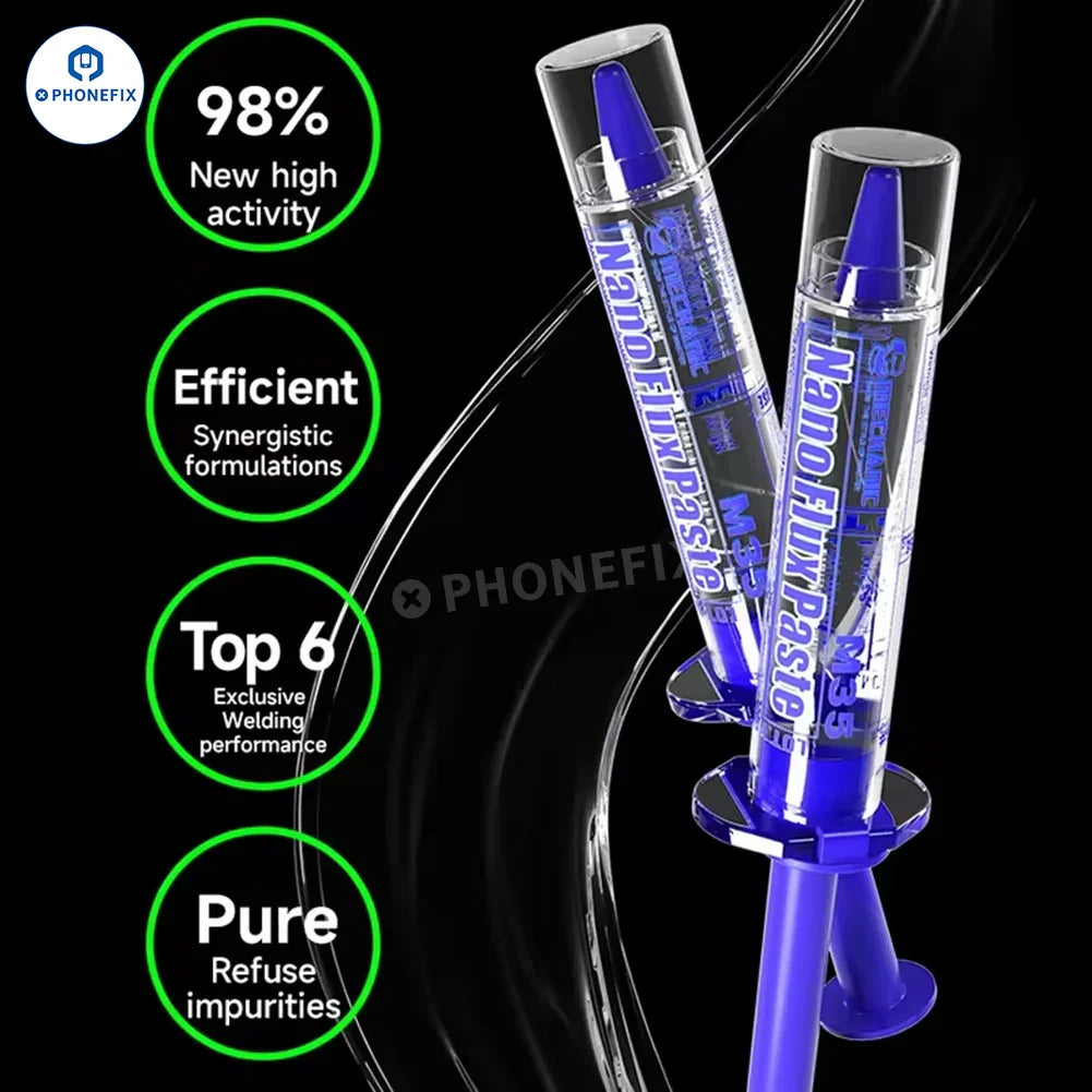 PhoneFix M35 Nano Flux Paste for phone PCB and IC soldering repair, showing the small container and application tip.