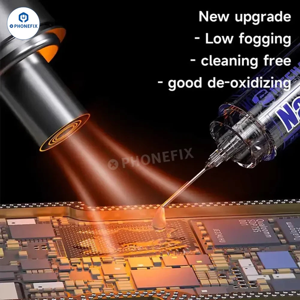PhoneFix M35 Nano Flux Paste for phone PCB IC soldering repair, showing a close-up of the solder paste container and application area.