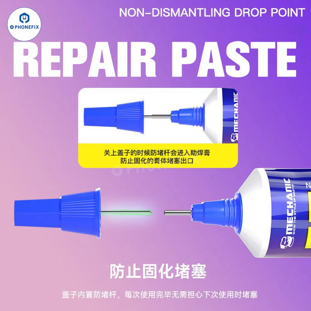 PhoneFix MECHANIC G100 solder paste with drop point, non-dismantling repair flux for electronic repairs, shown in the image.