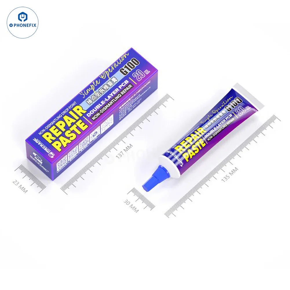 PhoneFix G100 mechanic solder paste with drop point, non-dismantling repair flux for electronics soldering and repairs.