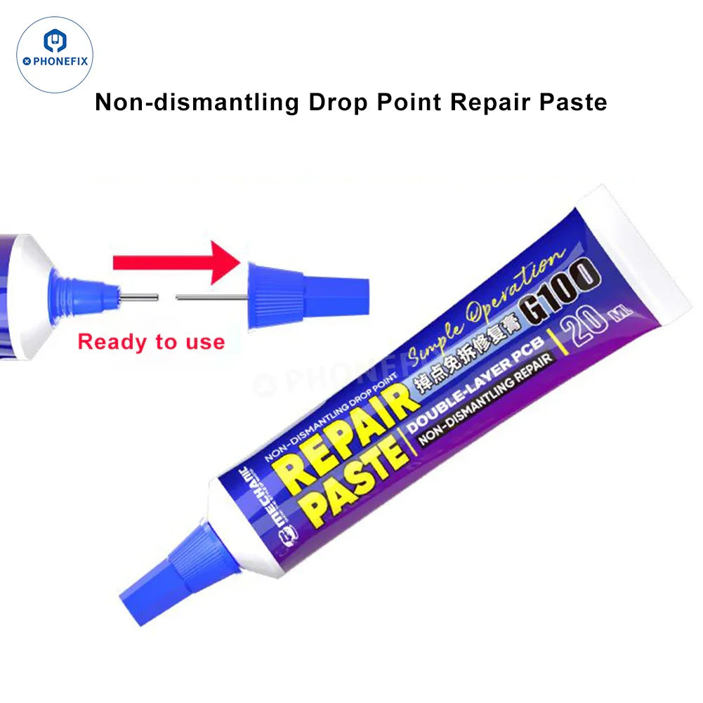 PhoneFix G100 solder paste drop point repair flux for non-dismantling soldering, used for electronic repairs and circuit board fixing.