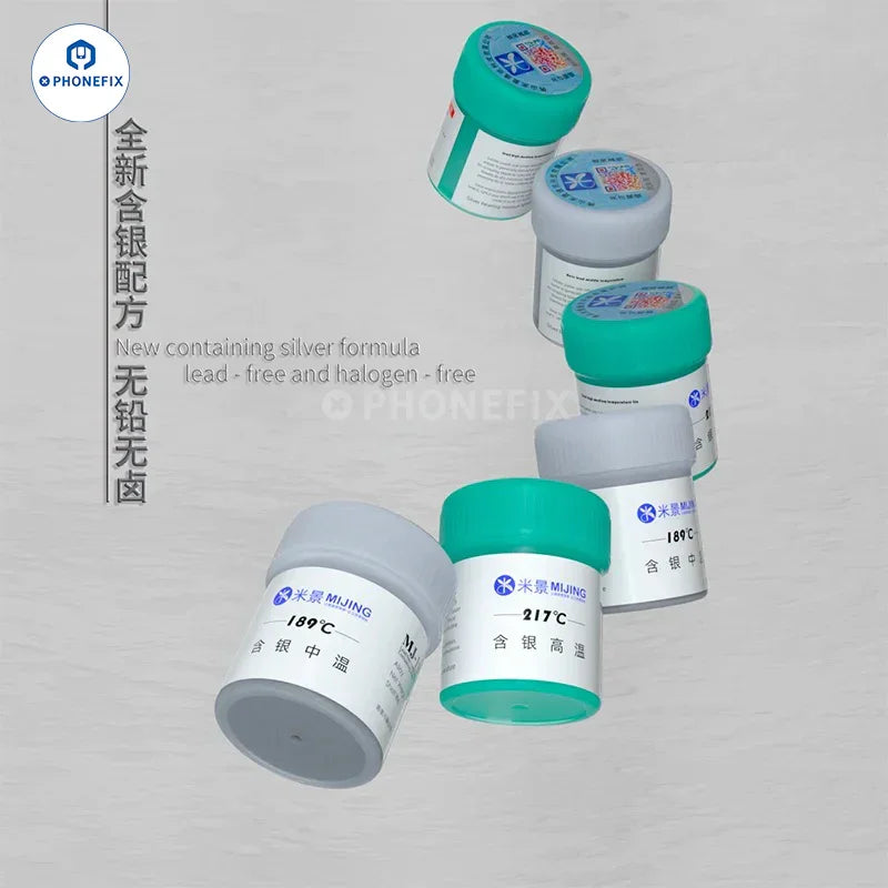 MiJing lead-free solder paste in 138A, 158A, 190A, 217A sizes, used for electronics soldering, shown in a container.