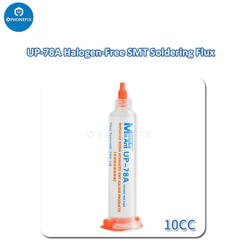 MaAnt halogen-free SMT solder paste flux with alloy tube welding tool for precise electronic assembly by PHONEFIX.