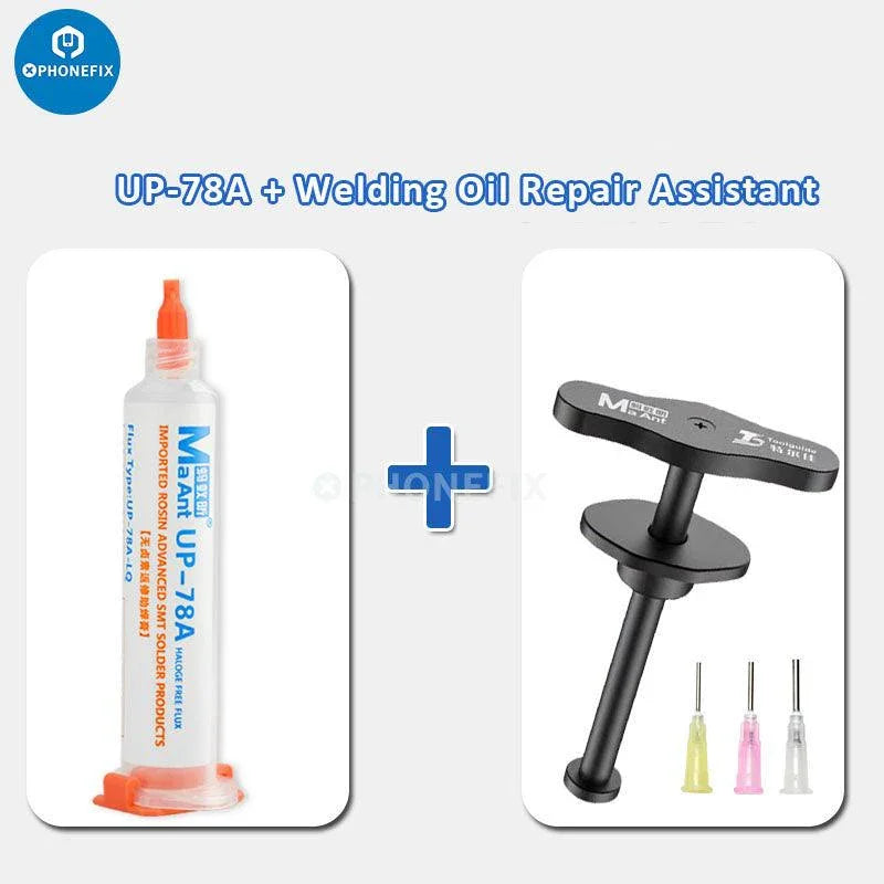 MaAnt halogen-free SMT solder paste flux with alloy tube welding tool, used for electronic circuit board assembly.