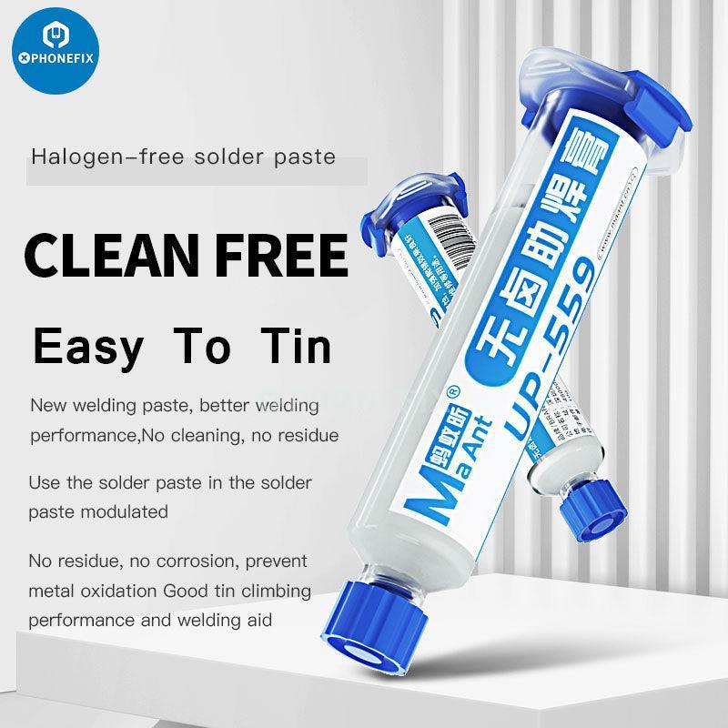 MaAnt halogen-free SMT solder paste flux with alloy tube welding tool by PHONEFIX for precise electronic assembly.