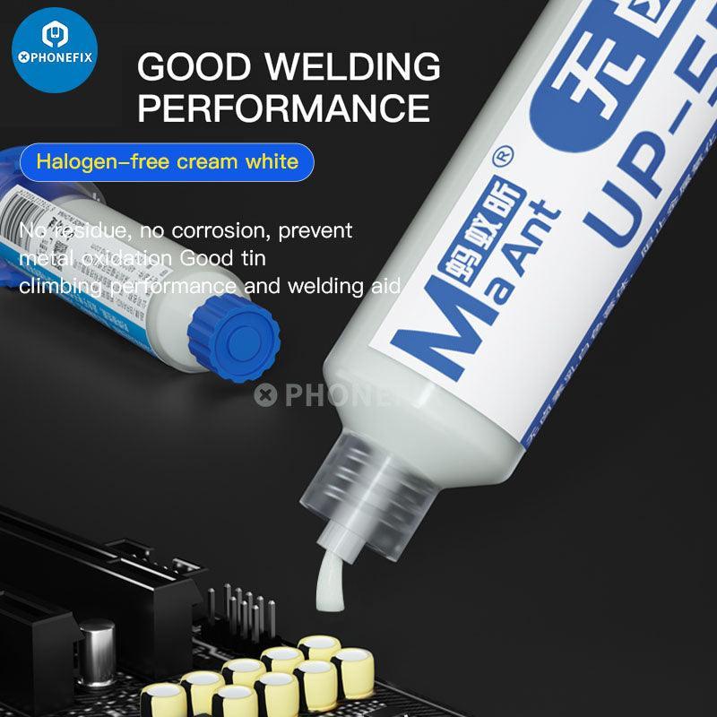 MaAnt halogen-free SMT solder paste flux with alloy tube welding tool, used for precise electronic soldering and assembly.