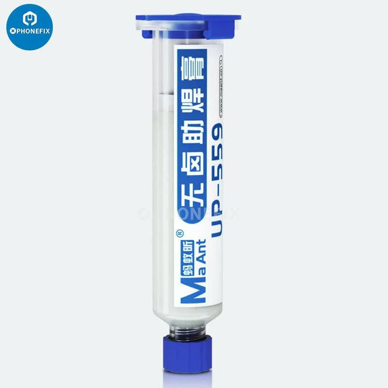 MaAnt halogen-free SMT solder paste flux with alloy tube welding tool, used for precise electronic soldering, by PHONEFIX.