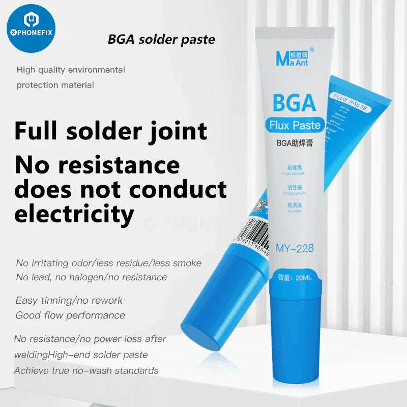 PhoneFix MaAnt halogen-free SMT solder paste flux with alloy tube welding tool for electronic assembly and surface-mount soldering.