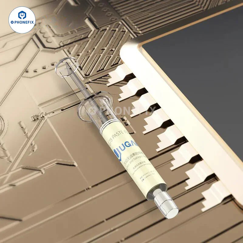 PhoneFix MaAnt halogen-free SMT solder paste flux with alloy tube welding tool, used for precise electronic soldering.