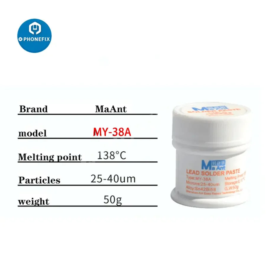 PhoneFix MaAnt Solder Paste 138 158 183 Degrees for BGA soldering, featuring tin flux for precise electronic assembly.
