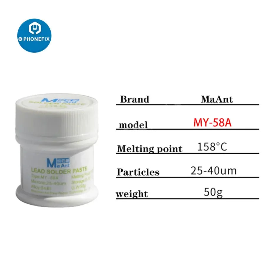 PhoneFix MaAnt Solder Paste 138, 158, 183°C for BGA soldering, with tin flux for electronic repairs and soldering applications.