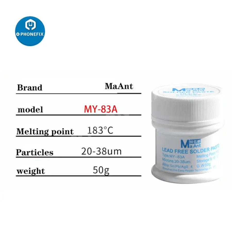 PhoneFix MaAnt Solder Paste 138/158/183°C for BGA soldering, featuring tin flux for precise electronic assembly.