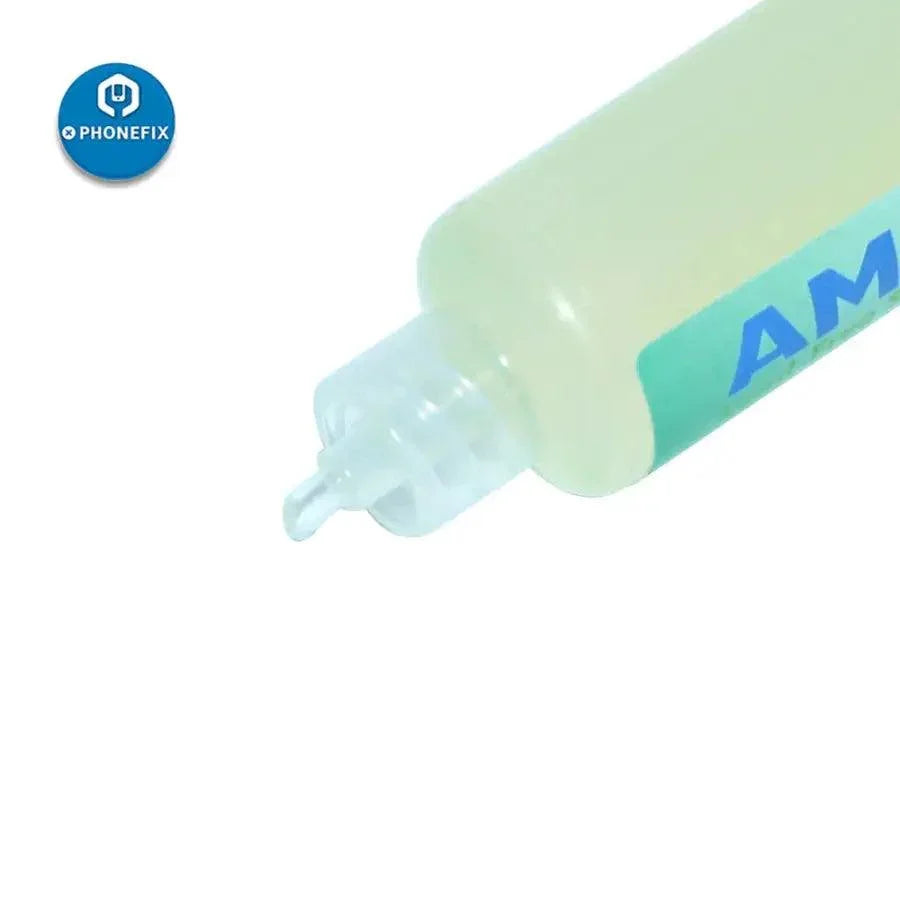 AMTECH NC-559 lead-free solder flux paste for phone BGA PCB repair, shown in a small container with a metal spatula.