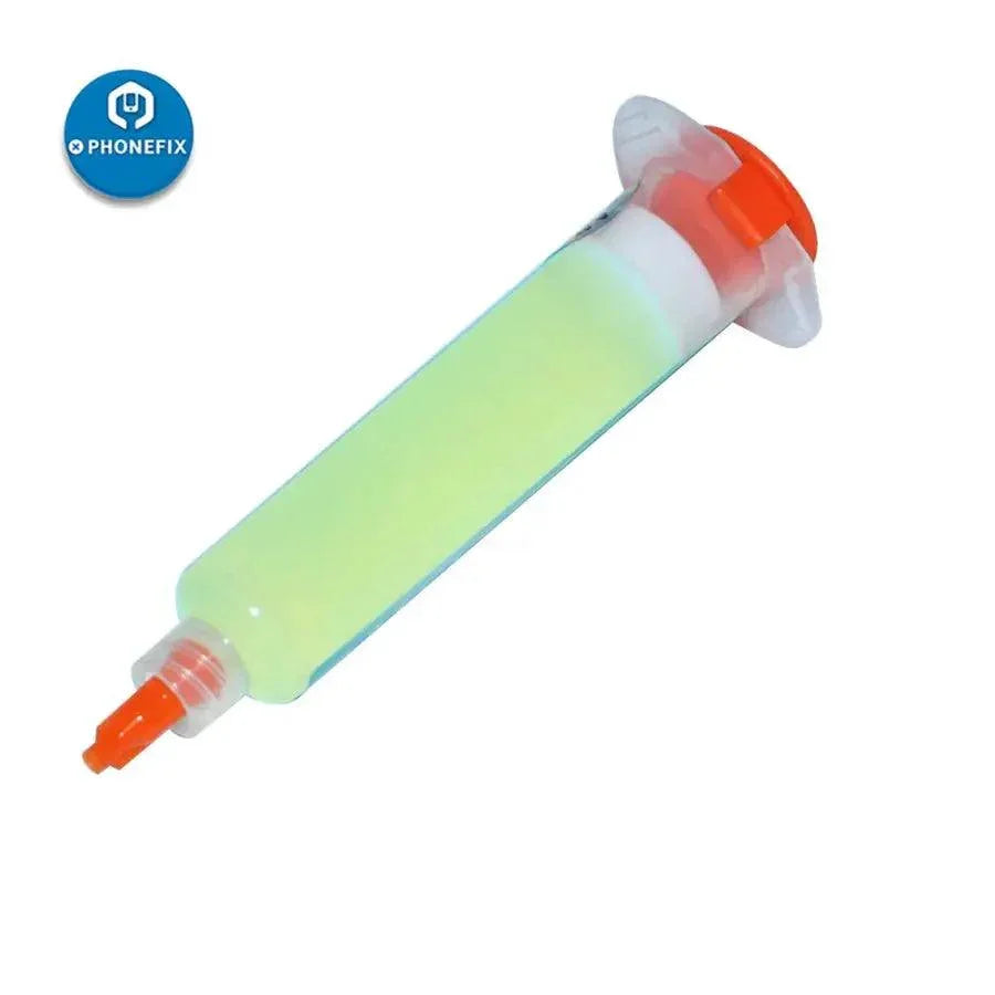 AMTECH NC-559 lead-free solder flux paste for phone BGA PCB repair, shown in a close-up image with a syringe applicator.