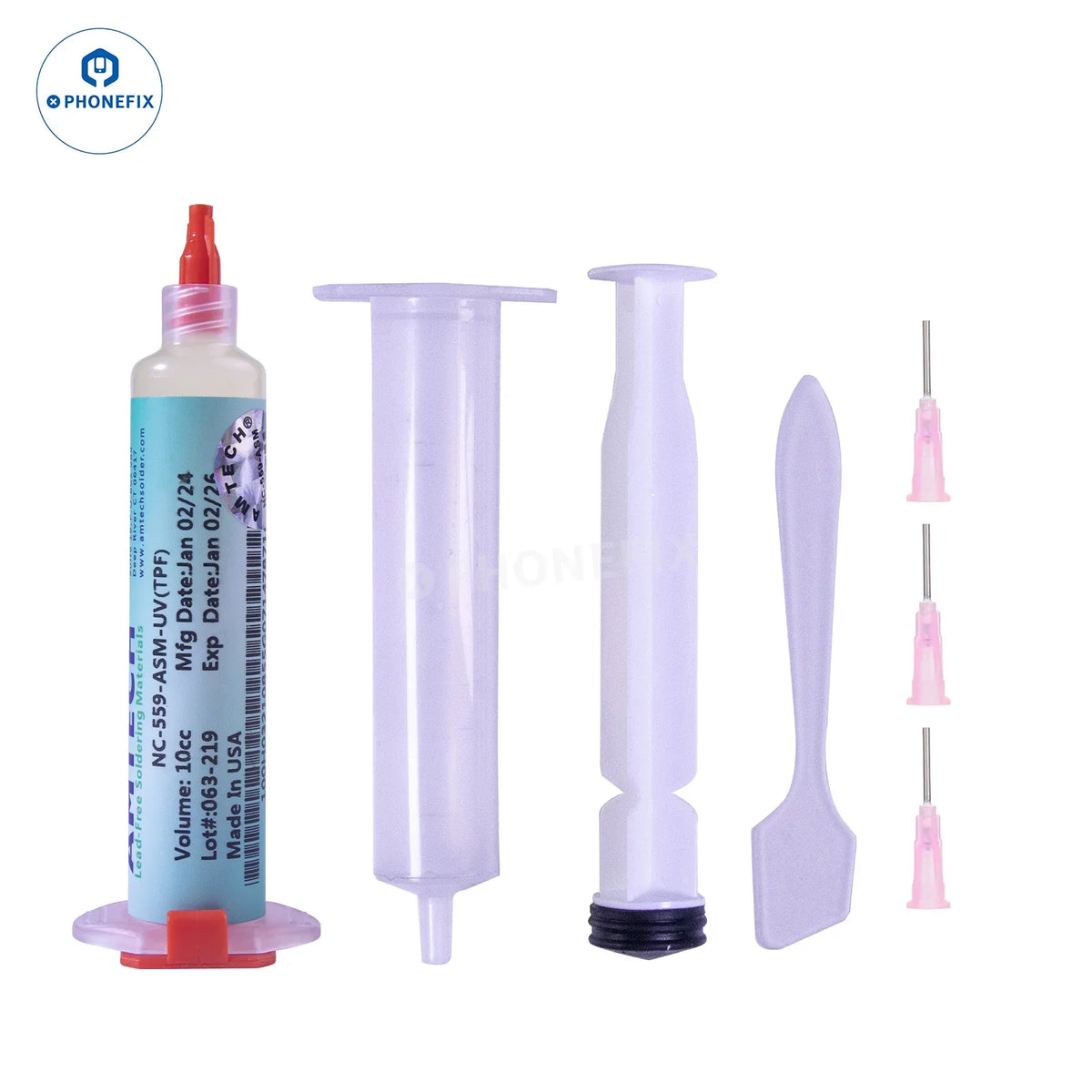 PhoneFix AMTECH NC-559 lead-free solder flux paste for phone BGA PCB repair, shown in a small container with a spatula.