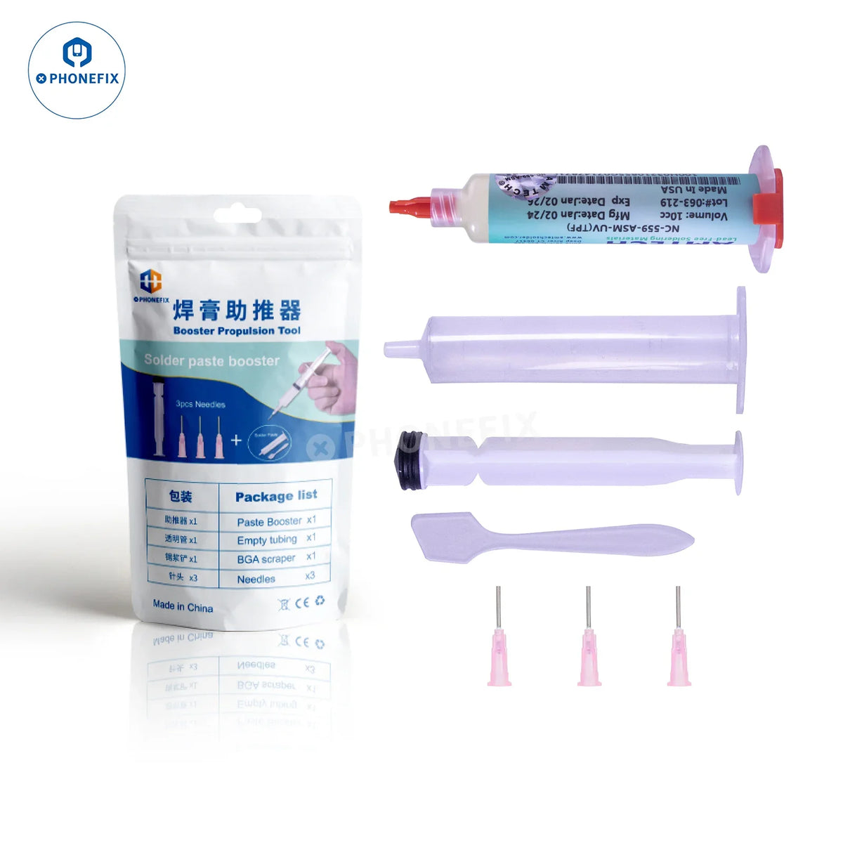 Phonefix AMTECH NC-559 lead-free solder flux paste for phone BGA and PCB repair, with a close-up of the solder paste container.