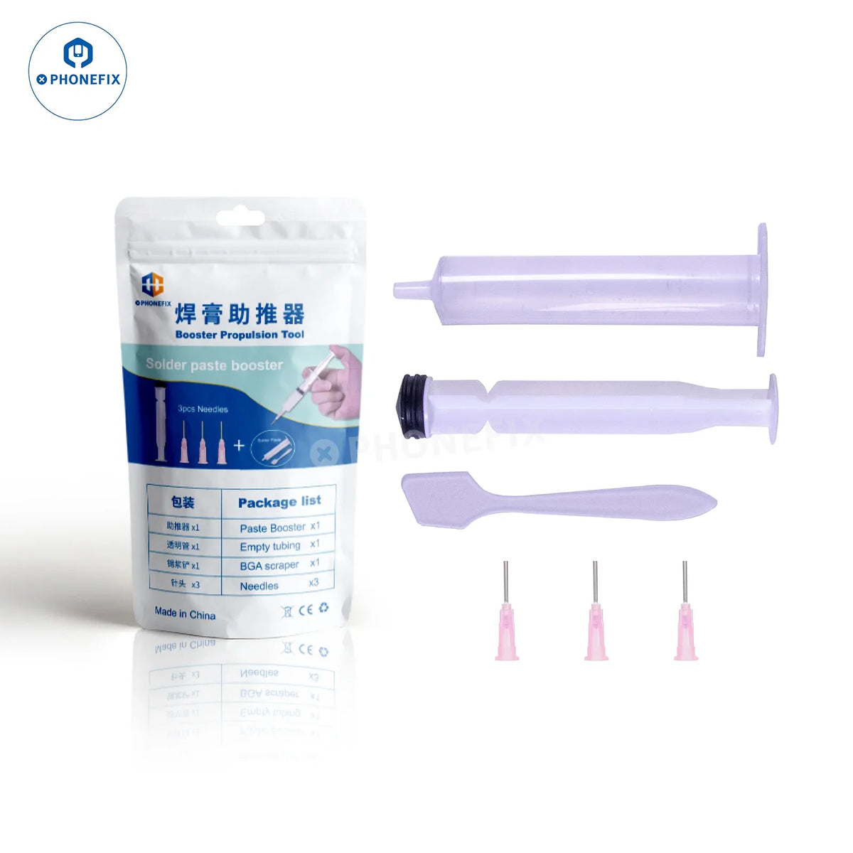 Phonefix AMTECH NC-559 lead-free solder flux paste for phone BGA and PCB repair, shown in a small jar with applicator tip.