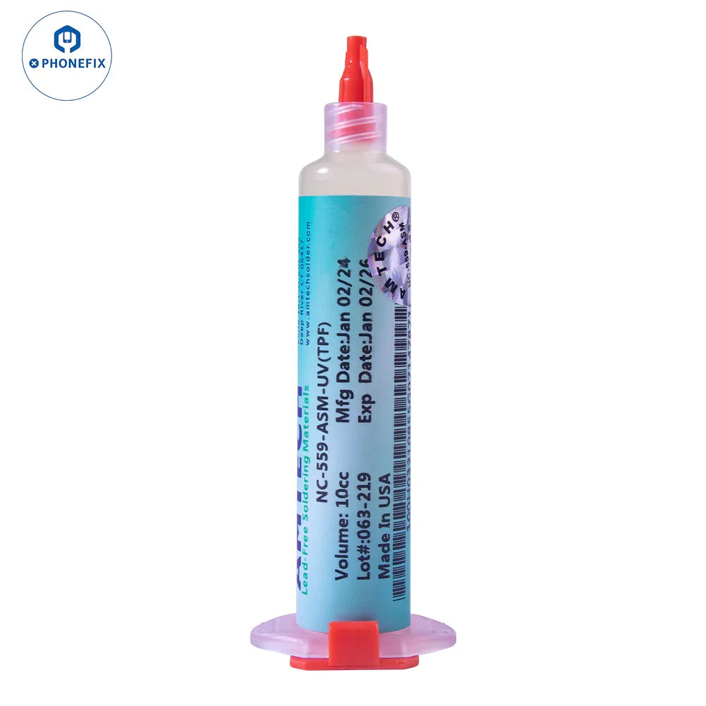 AMTECH NC-559 lead-free solder flux paste for phone BGA and PCB repair, shown in a small container with a silver lid.