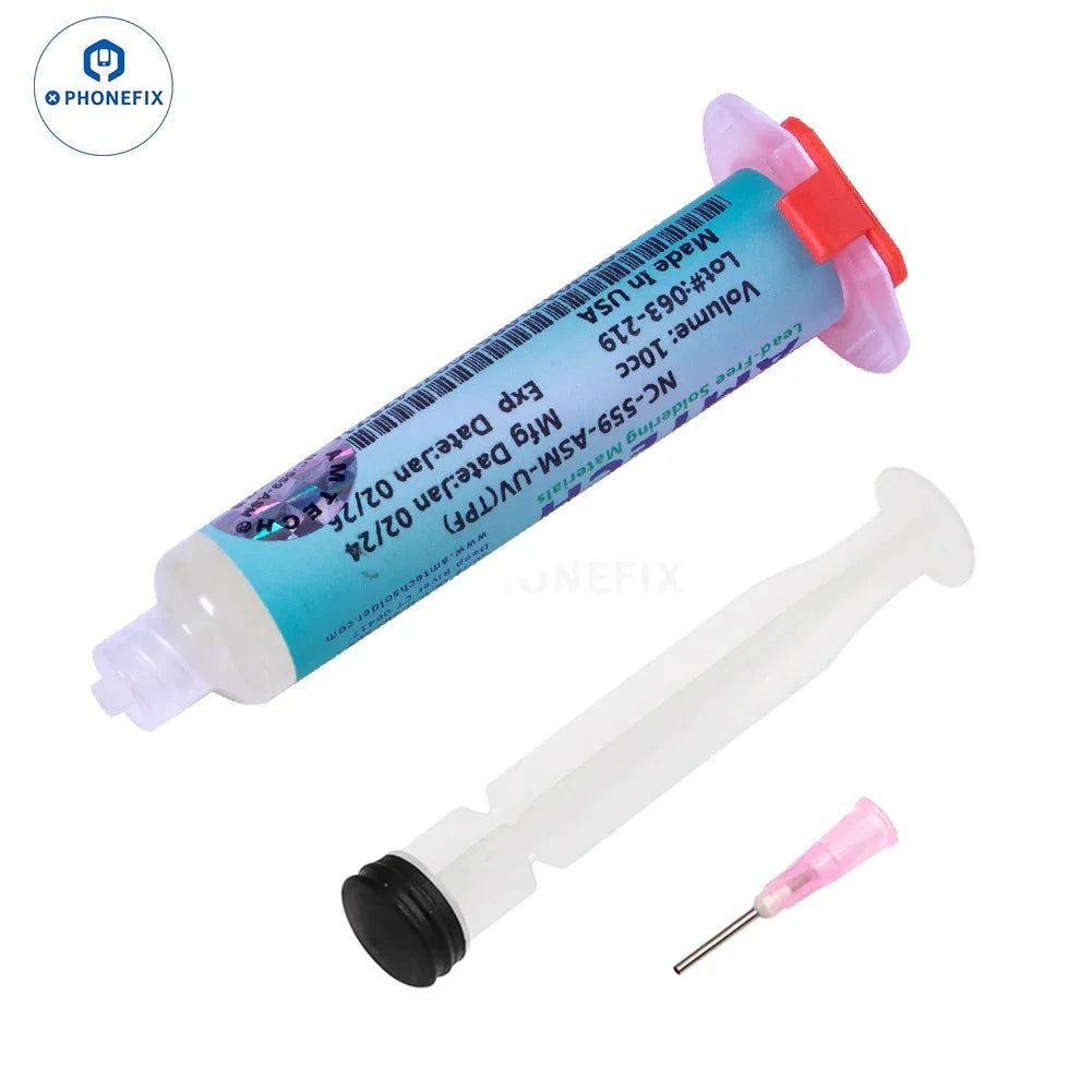 PhoneFix AMTECH NC-559 lead-free solder flux paste for phone BGA and PCB repair, shown in the image.