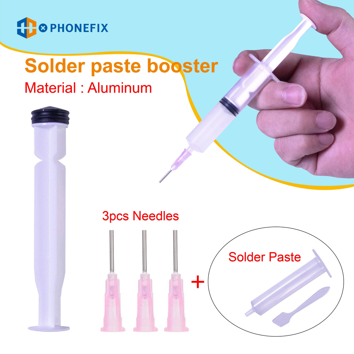 AMTECH NC-559 lead-free solder flux paste for phone BGA PCB repair, shown in a small container with applicator tip.