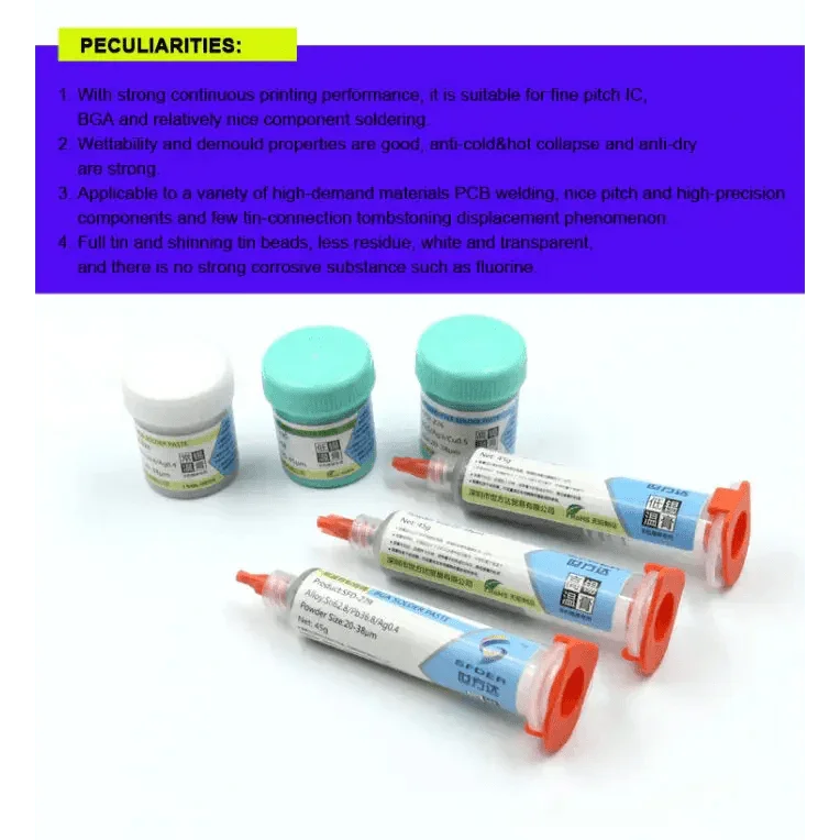 Phonefix high and low temperature lead-free BGA soldering paste flux in a 35g needle tube, suitable for 138℃, 183℃, and 217℃ applications.