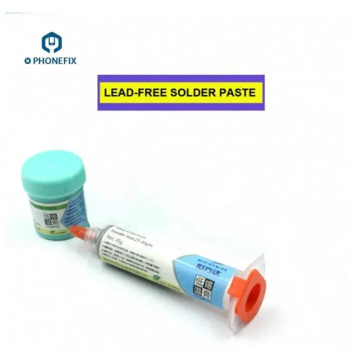 PhoneFix lead-free BGA soldering paste flux in a needle tube, suitable for high-low temperature reflow at 138℃, 183℃, and 217℃.