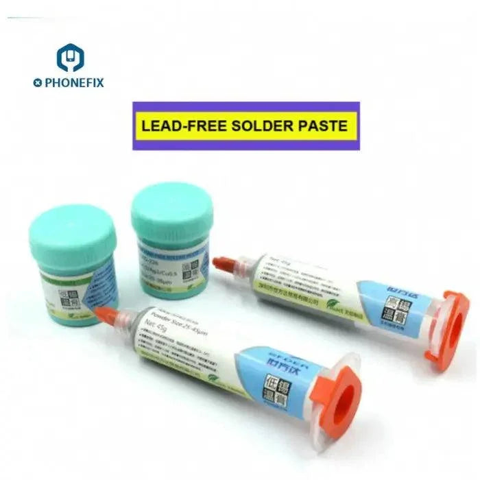 PhoneFix lead-free BGA soldering paste flux in a needle tube, suitable for high-low temperature reflow at 138℃, 183℃, and 217℃.