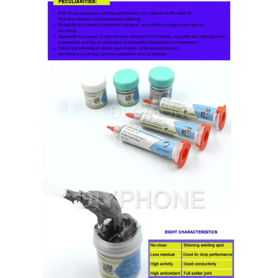 PHONEFIX lead-free BGA soldering paste flux in needle tube, high-low temperature solder paste for precise electronics assembly.