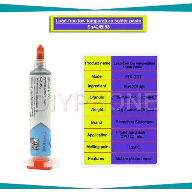 Phonefix high and low temperature lead-free BGA soldering paste flux in a needle tube, suitable for 138°C, 183°C, and 217°C applications.