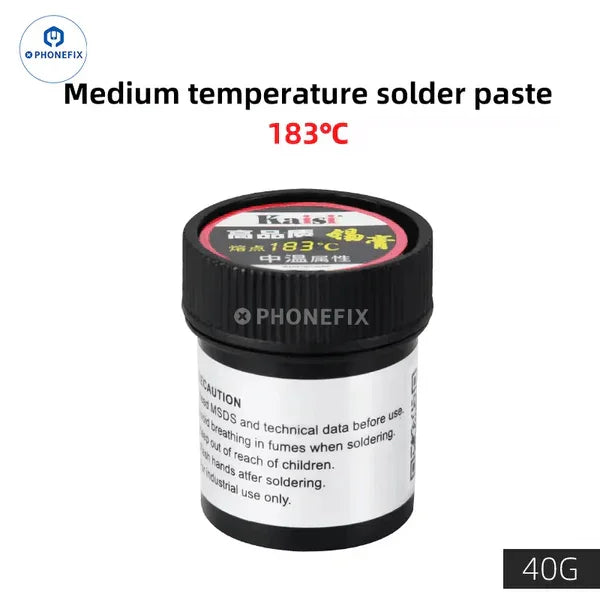 Lead-free BGA soldering paste from PHONEFIX with high-low temperature flux, suitable for 138℃, 183℃, and 217℃ applications.