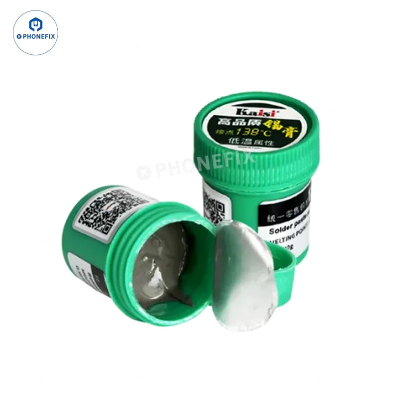 Phonefix lead-free BGA soldering paste in needle tube, high-low temperature flux for precise soldering at 138℃, 183℃, 217℃.