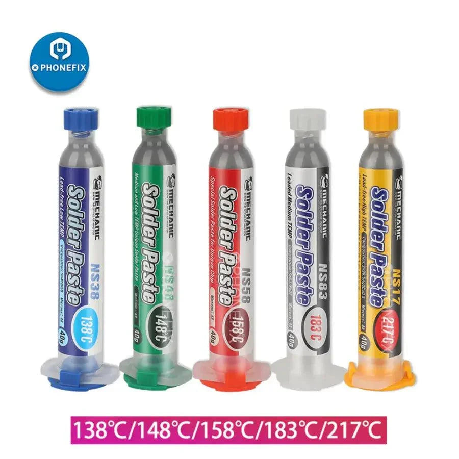 Phonefix mechanic 10cc syringe of tin soldering paste flux for PCB BGA repair, shown in a clear image with applicator tip visible.