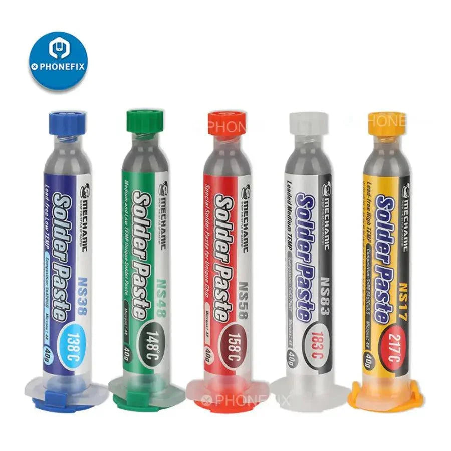 Phonefix 10cc syringe of tin soldering paste flux for PCB BGA repair, shown in a clear applicator with label details.