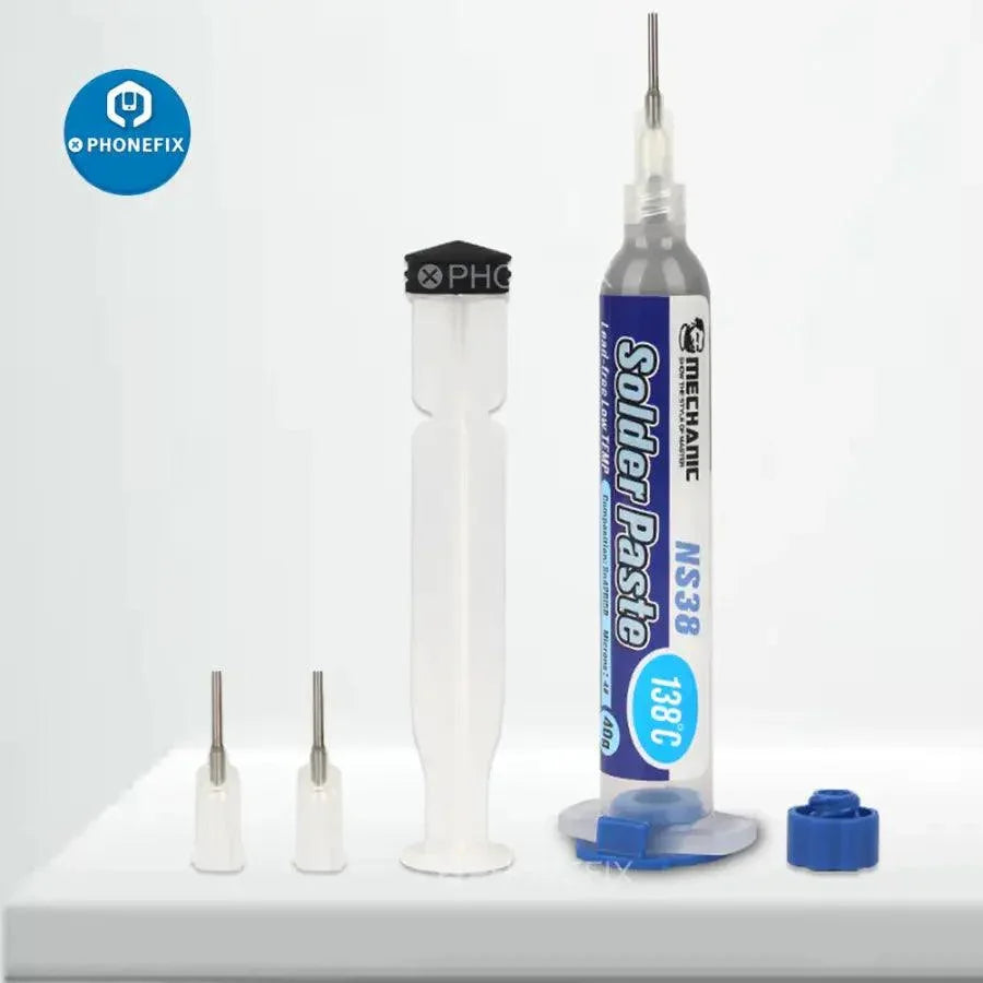 PhoneFix 10cc syringe of tin soldering paste flux for PCB BGA repair, shown in a clear image with a precision applicator tip.