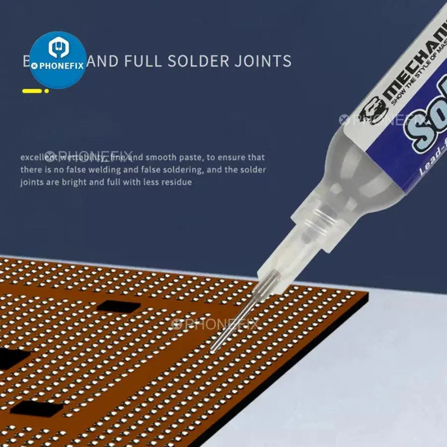 Mechanic 10cc syringe of PHONEFIX solder paste flux for PCB BGA repair, showing the metal syringe and flux inside.