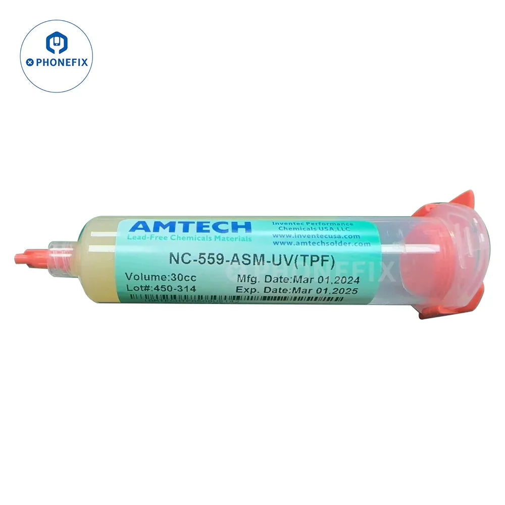 Phonefix AMTECH NC-559-ASM lead-free solder flux paste for BGA welding repair, showing the 10cc container and label.