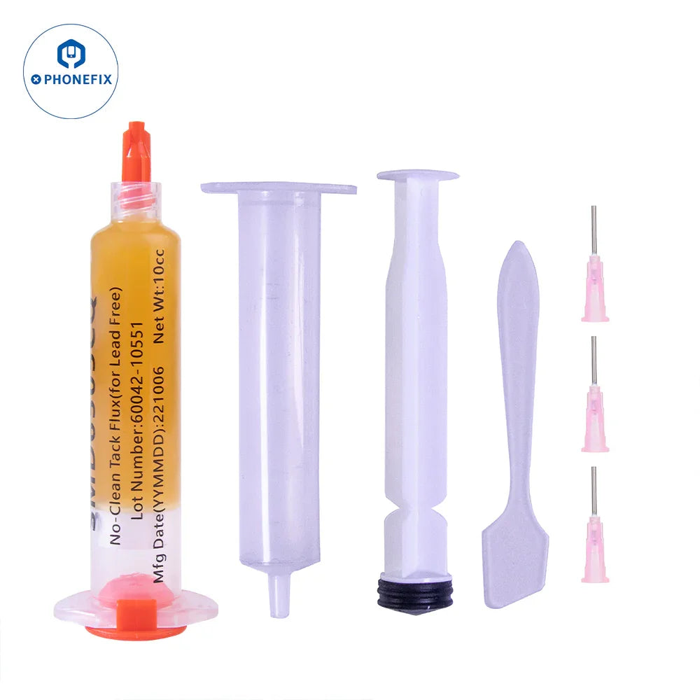 Phonefix Chipquik Tack Solder Paste Flux SMD6505CQ, no clean tack flux for SMD soldering, shown in a syringe applicator.