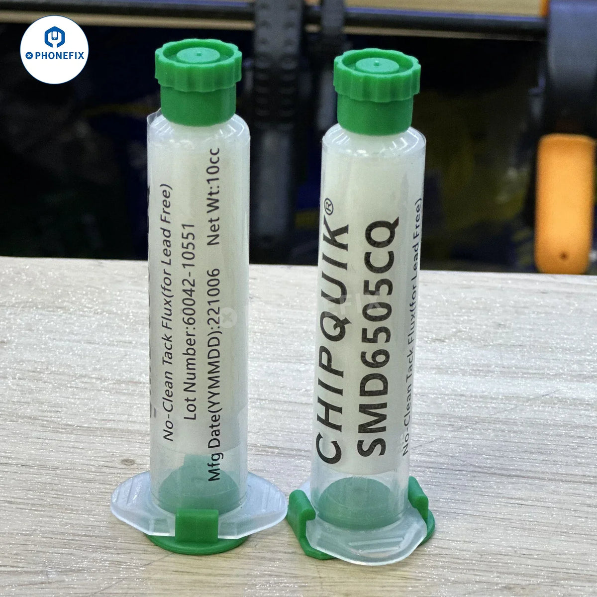 PhoneFix Chipquik Tack Solder Paste Flux SMD6505CQ no-clean solder flux in a plunger syringe for SMD rework and assembly.