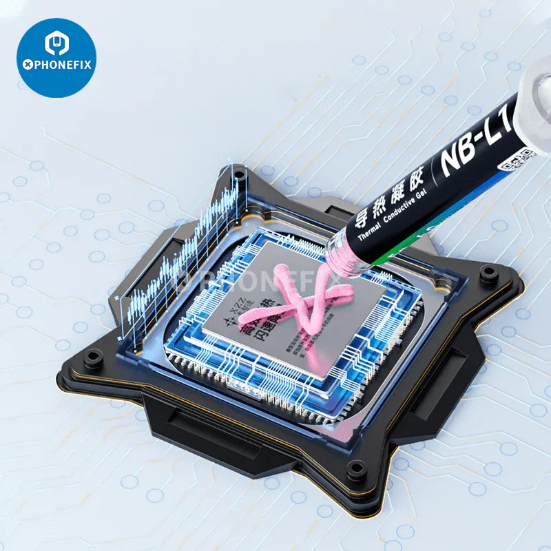 Pasta térmica XZZ NB-L1 para CPU, GPU, chips LED y disipadores de calor, de PHONEFIX, que se muestra con su embalaje y área de aplicación.