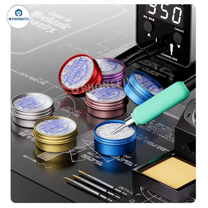 PhoneFix QR12 Soldering Tip Refresher Cream with black oxide remover for cleaning and restoring soldering tips, shown in a small container.