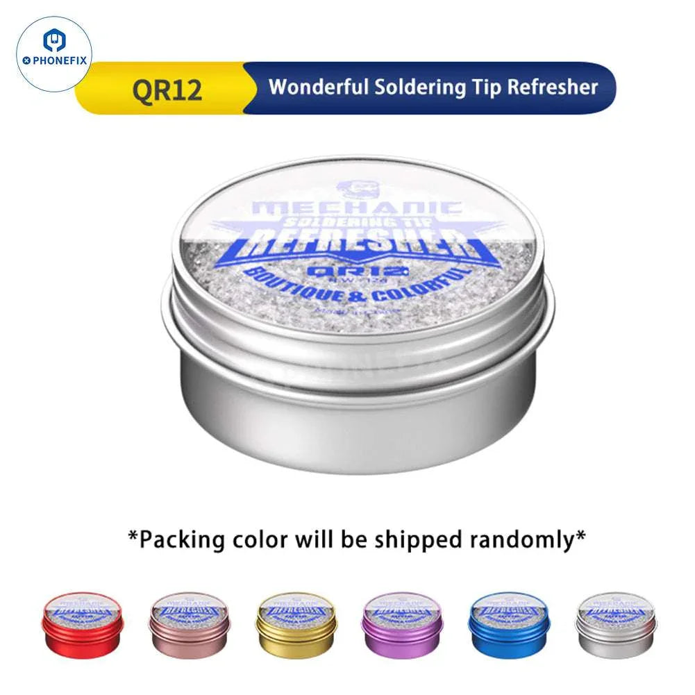 PhoneFix QR12 soldering tip refresher cream with black oxide remover, shown in a small container with black paste for soldering maintenance.