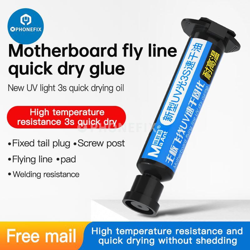 MaAnt Jump Wire UV Quick Dry Oil Solder Paste for motherboard repair by PHONEFIX, with applicator and soldering components visible.