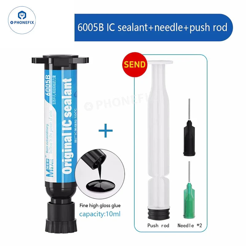 PhoneFIX BGA chip sealant glue and solder paste for phone CPU, NAND, and screen IC sealing and repair.