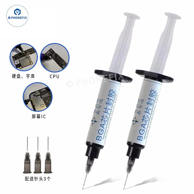 PHONEFIX BGA chip sealant glue for phone CPU, NAND, and screen IC sealing; solder paste for electronic device repairs.