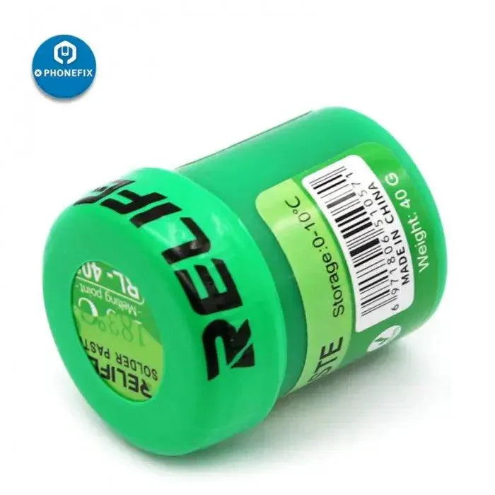 Pasta de soldar Relife No-Clean RL-402 para reparaciones de iPhone, alta temperatura de 183 °C, utilizada para soldadura de precisión y reparación de componentes electrónicos.