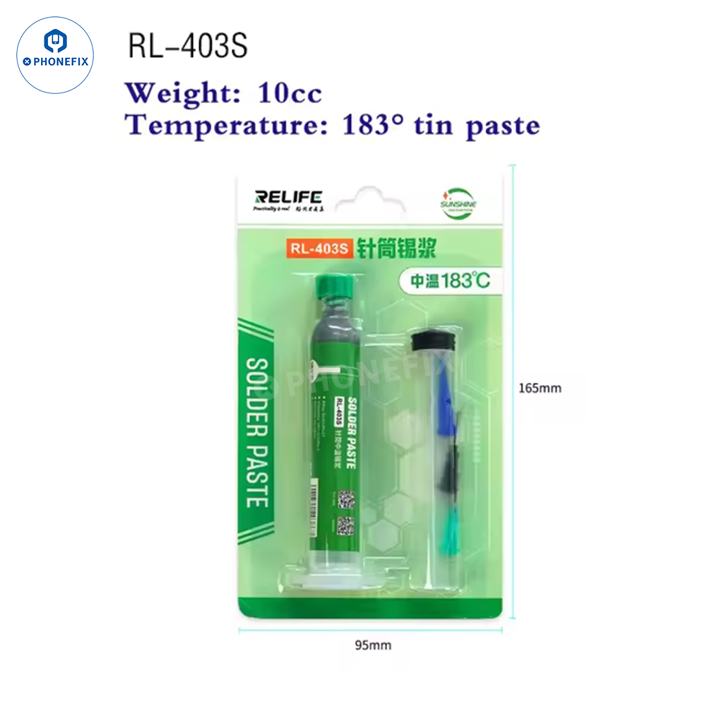 Jeringa de pasta de soldadura sin limpieza Relife 10CC 183℃ para reparación de BGA, marca PHONEFIX, con una vista clara de la jeringa y la etiqueta.