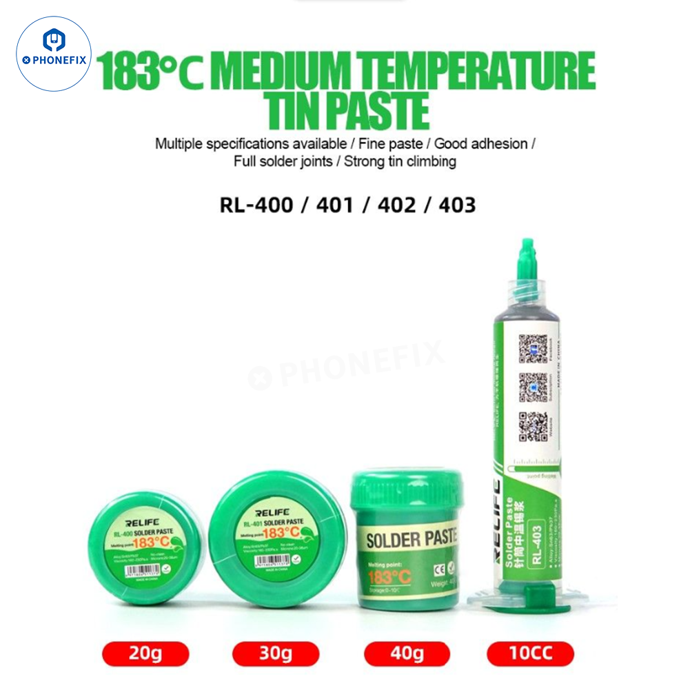 Relife No-Clean RL-402 soldering paste for iPhone repair, 183°C, used in precise electronics soldering and rework.