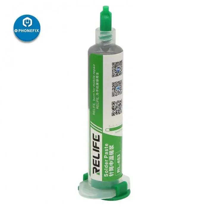 Relife 10cc No-Clean Solder Paste Flux for BGA repair, branded PHONEFIX, in a syringe for precise application on circuit boards.